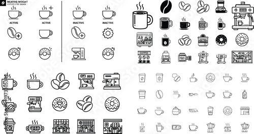 Coffee and Cafe Icon Set Featuring Cups, Beans, Espresso Machines, Donuts, and Beverage Equipment for Food, Drink, and Cafe Design Projects