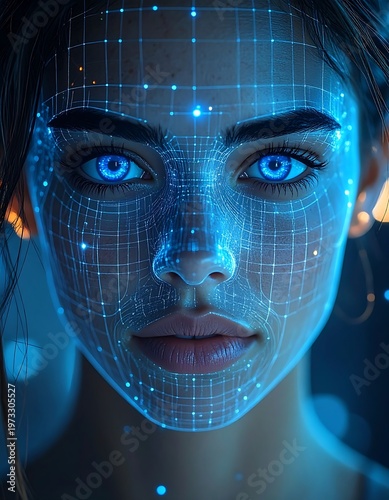 A digitally enhanced, close-up portrait of a woman, her face overlaid with a glowing blue grid, radiant eyes