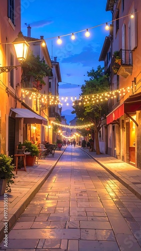 A serene evening street scene with warm lighting