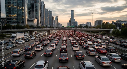 Busy urban highway traffic jam with modern skyscrapers, evening light, cars lined up, metropolitan lifestyle, congestion, travel, city infrastructure concept