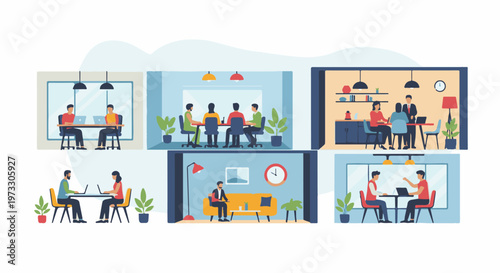 Diverse individuals collaborate in modern indoor settings, engaging in work and discussion