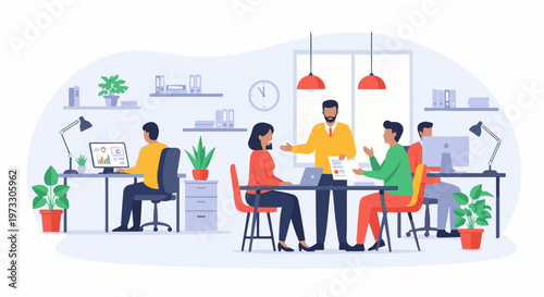 Colleagues collaborate in a modern office space, discussing projects around a central table