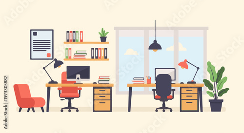 Minimalist office space with two desks, chairs, lamps, and plants