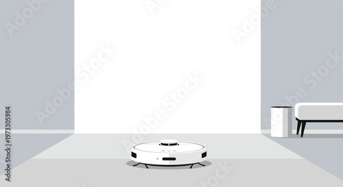 A sleek white robotic vacuum cleaner sits ready for operation on a light grey carpet within a minimalist and modern living room environment in this scene.