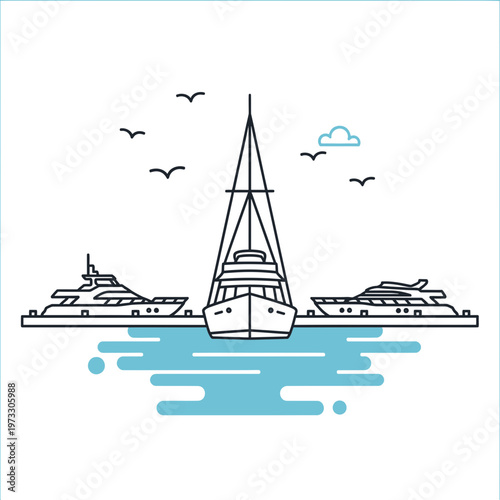 Yachts on Water: Line art illustration of elegant yachts gracefully sailing on a tranquil expanse of water, offering a serene portrayal of nautical leisure and maritime adventure.
