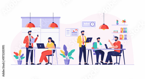 Diverse team collaborating on laptops in a modern office with plants and charts