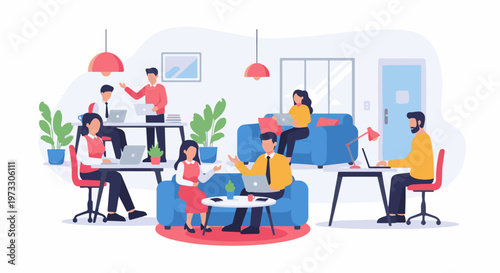 Diverse individuals collaborate and work on laptops in a modern, open-concept office environment