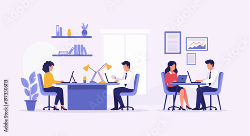 Four people work at desks in a modern office with plants and books