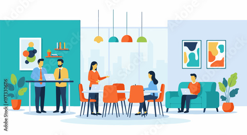 Colleagues collaborate in a modern office space with artwork and plants