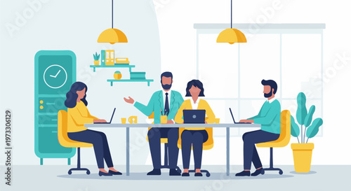 Diverse colleagues collaborate at laptops in a modern, brightly lit office space, engaged in focused work