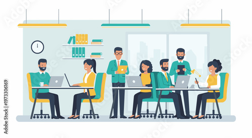 Diverse team collaborating on laptops at desks in a modern office setting, under bright lighting