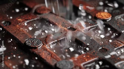 Clear water pouring and splashing over dark rusty iron grate in macro close up