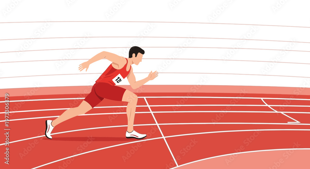 Obraz premium Athlete running on a red track, sprinting towards the finish line in a race