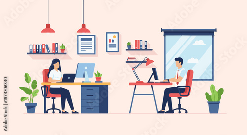 Two individuals working on computers in a modern office, with plants and artwork on the walls