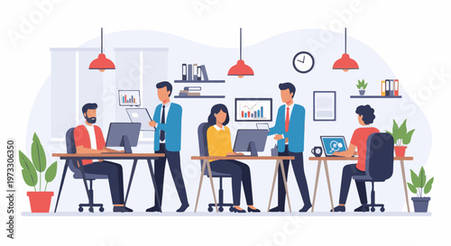 Diverse professionals collaborate and work at desks in a modern office environment