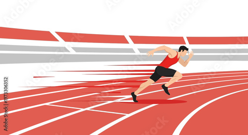 Athlete running fast on a track, speed, motion blur, athletic competition, stadium background