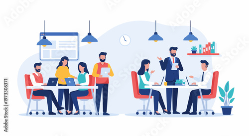 Diverse team collaborating and working on laptops in a modern office environment