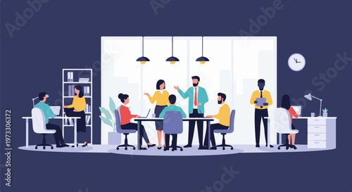 A diverse team collaborates in a modern office, with individuals engaged in discussions, presentations, and individual tasks at desks