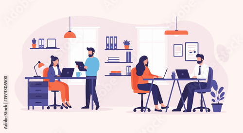 Modern office scene with people working at desks, laptops, and plants