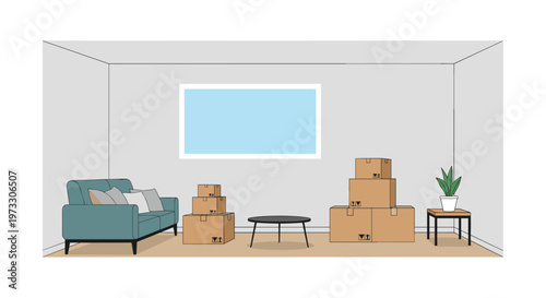 Several stacks of sealed cardboard moving boxes are positioned in a minimalist grey room featuring a teal sofa and a bright rectangular blue window.