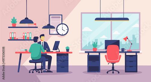 Two people work at desks in a modern office with a large window overlooking a city