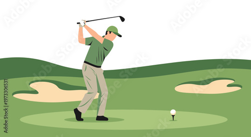 Golfer swinging club on green course with sand traps and golf ball on tee