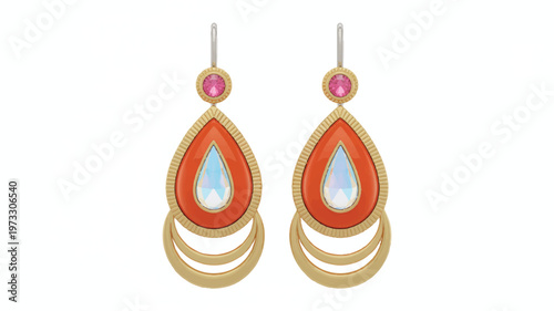 Beautiful gold dangle earrings featuring vibrant coral-orange teardrop frames, sparkling iridescent gemstones, and delicate pink accent stones