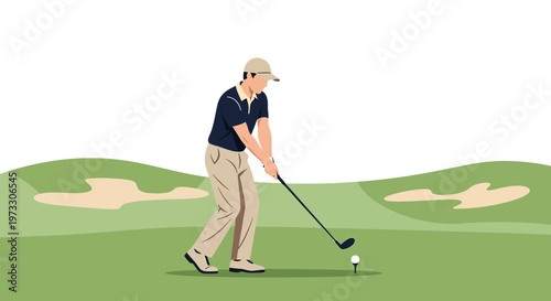 Golfer Swinging Club on Green Course with Sand Traps and Hills Background