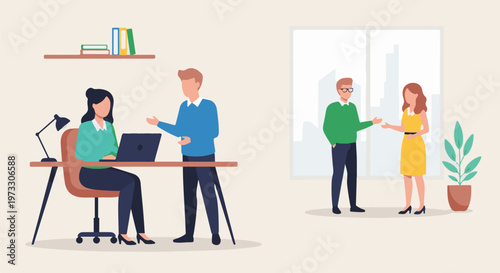 Colleagues collaborate in a modern office, discussing tasks at desks and near windows