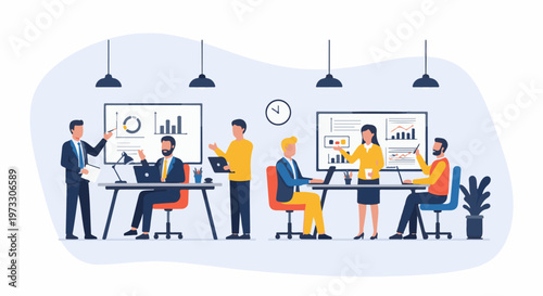 Team meeting with charts on board and people working at desks