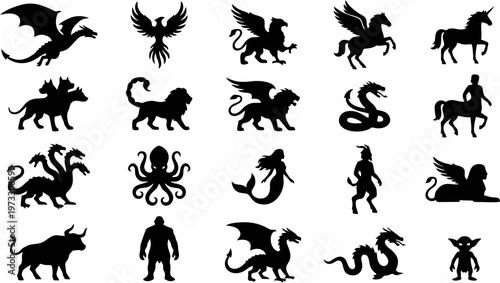 Mega collection of 20 mythical fantasy creature silhouettes solid black shapes vector