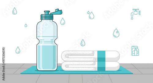 Hydration and Refreshment: Water Bottle, Towel, and Water Drops