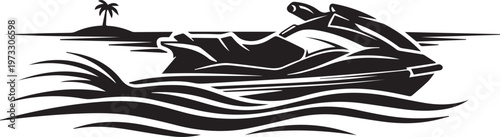 Jet Ski Racing Near Tropical Island Vector Illustration