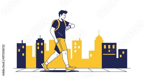 Man checking smartwatch while walking in city with yellow and blue buildings background