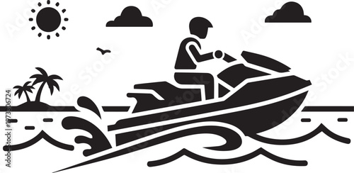 Jet Ski Beach Vacation Silhouette - Tropical Watercraft and Summer Waves