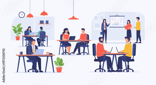 Office environment with people working at desks and a presentation