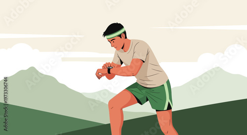 Man checking smartwatch while running uphill in nature, fitness tracker, outdoor workout