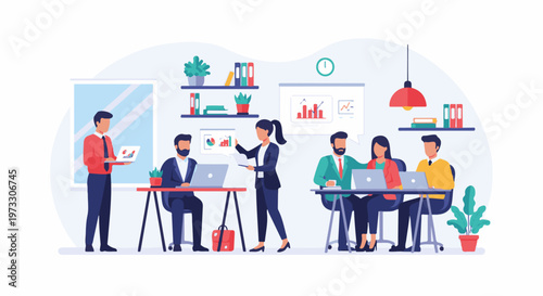 A diverse group of professionals collaborate in a bright, modern office setting, discussing charts on laptops