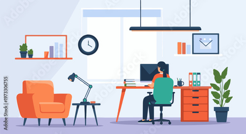 Person working at home office desk with computer, chair, lamp, and armchair