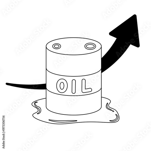 ドラム缶と右肩上がりの矢印のモノクロ線画イラスト | 石油価格やエネルギー市場の推移