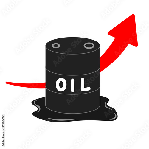 手描き風のドラム缶と上昇する赤い矢印のイラスト | 原油価格の高騰やエネルギー資源のイメージ