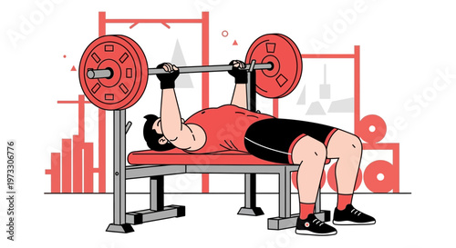 Man doing bench press exercise with barbell in gym, strength training workout