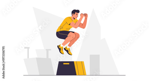 Man doing box jumps for fitness and exercise, athletic workout in a gym, healthy lifestyle