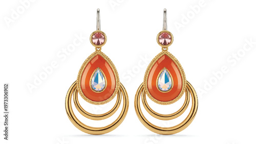 Elegant pair of vibrant orange teardrop dangle earrings with sparkling gemstones and intricate gold-toned concentric rings, a luxurious fashion accessory