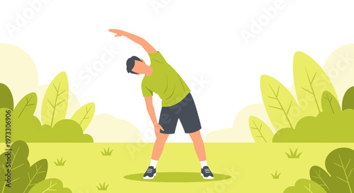 Man doing side bend stretch outdoors in a park, healthy lifestyle and fitness