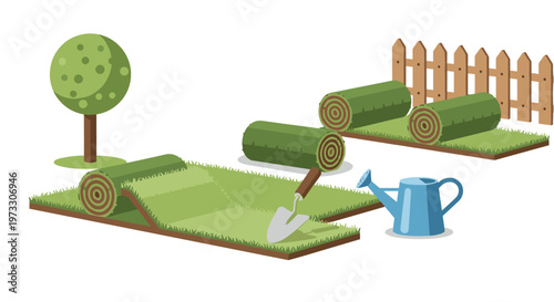 Vibrant green rolls of fresh turf are meticulously laid out in a backyard garden setting featuring a blue watering can and a traditional wooden fence.