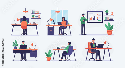 Diverse individuals work at desks and present data, depicting a modern office environment with plants