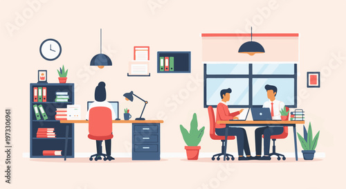 Two people work at desks in a modern office with plants and shelves