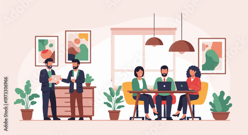 Colleagues collaborate in a modern office, working on laptops amidst plants and art