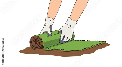 A pair of hands wearing white safety gloves carefully unrolls a fresh strip of vibrant green grass sod onto the dark fertile soil during landscaping.